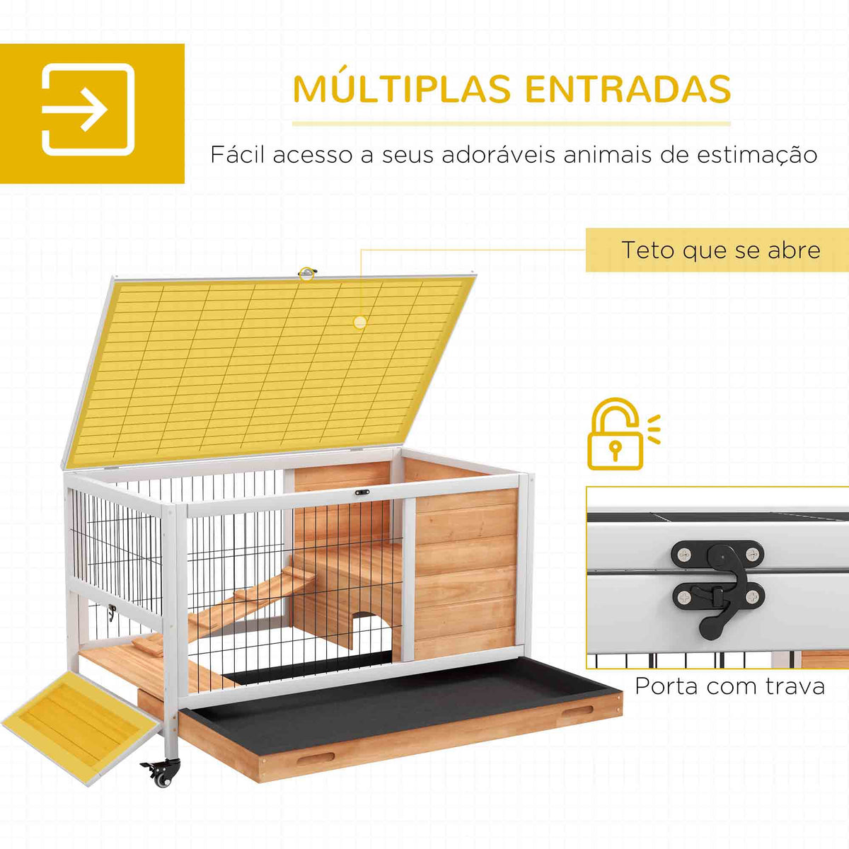 Coelheira de Madeira Gaiola de para Pequenos Animais Portátil com Teto Abatível Rampa Bandeja Removível para Coelhos da Índia 90x53x59 cm Madeira — foto 5