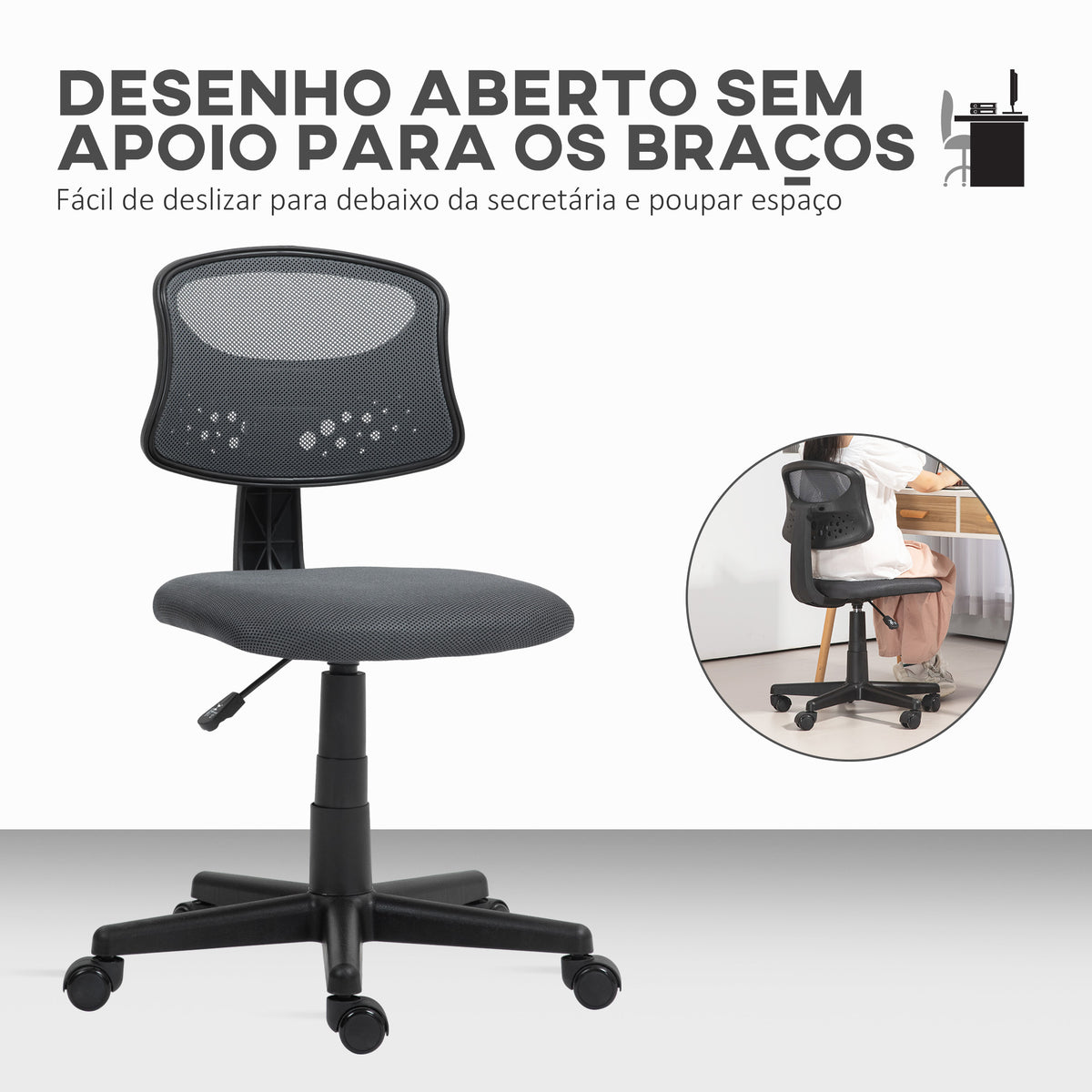 Cadeira de Escritório sem Apoio para os Braços Cadeira de Escritório Giratória com Encosto de Malha Respirável Altura Ajustável Carga 120 kg 43x48x78-88 cm Cinza — foto 4