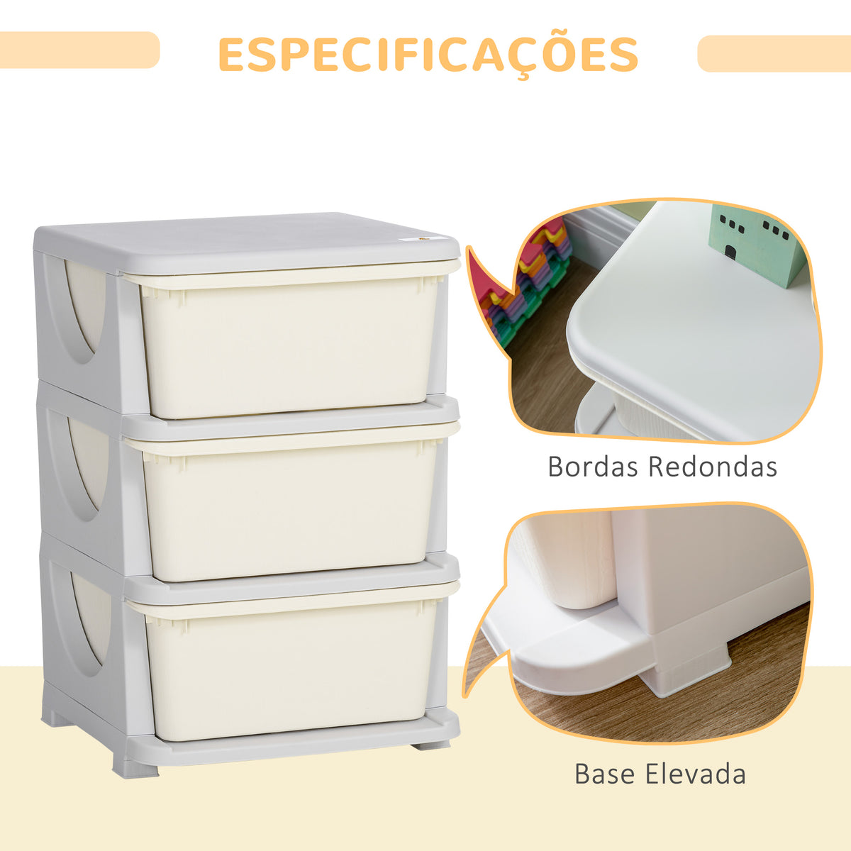 Organizador de Brinquedos para Crianças acima de 3 Anos com 3 Gavetas Arrumação para Brinquedos Roupas Livros 37x37x56,5 cm Bege — foto 5