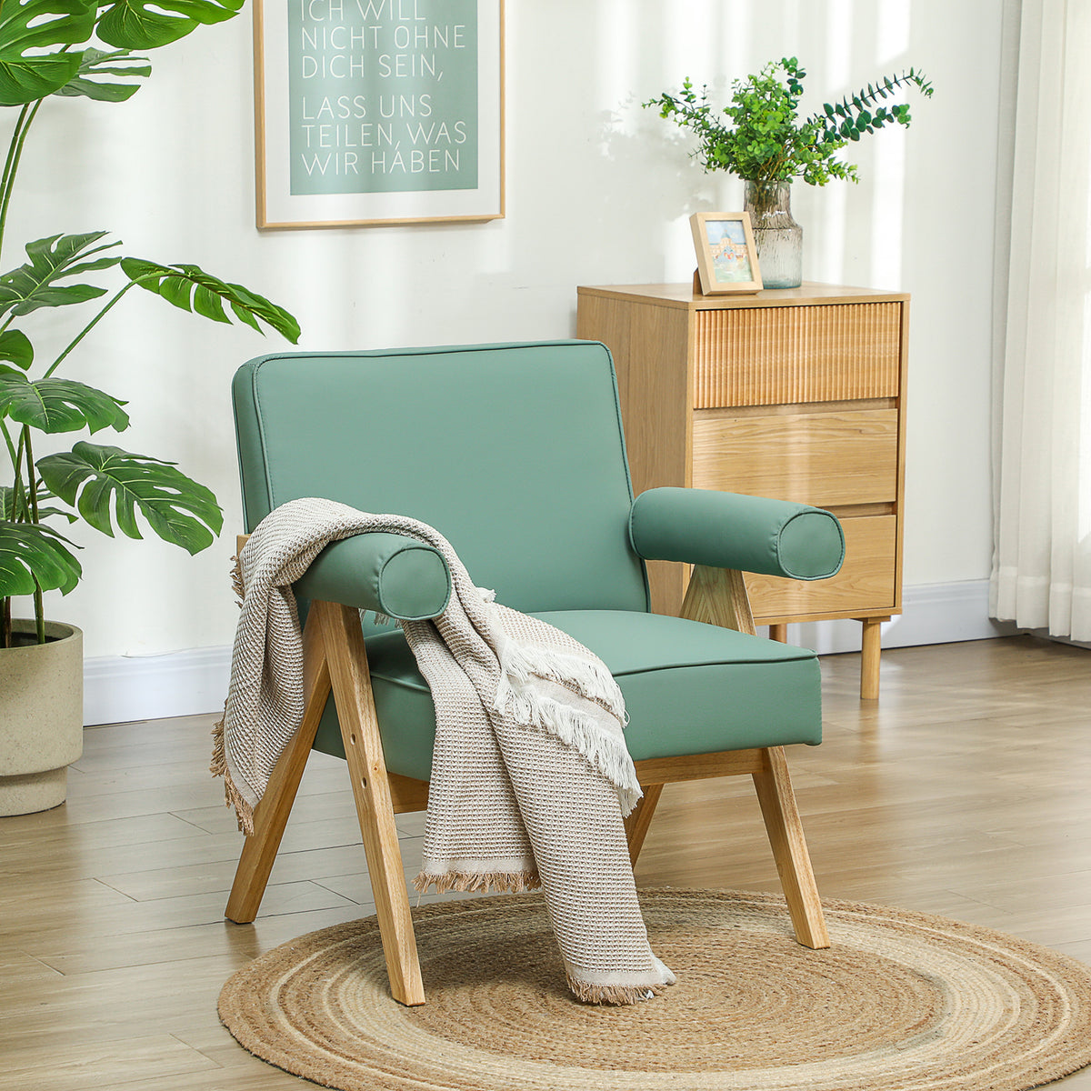 Poltrona Sala de Estar Poltrona Nórdica Poltrona Estofada em PU com Apoio para os Braços e Estrutura de Madeira de Borracha para Dormitório Carga 120 kg 73x70x80 cm Verde — foto 2