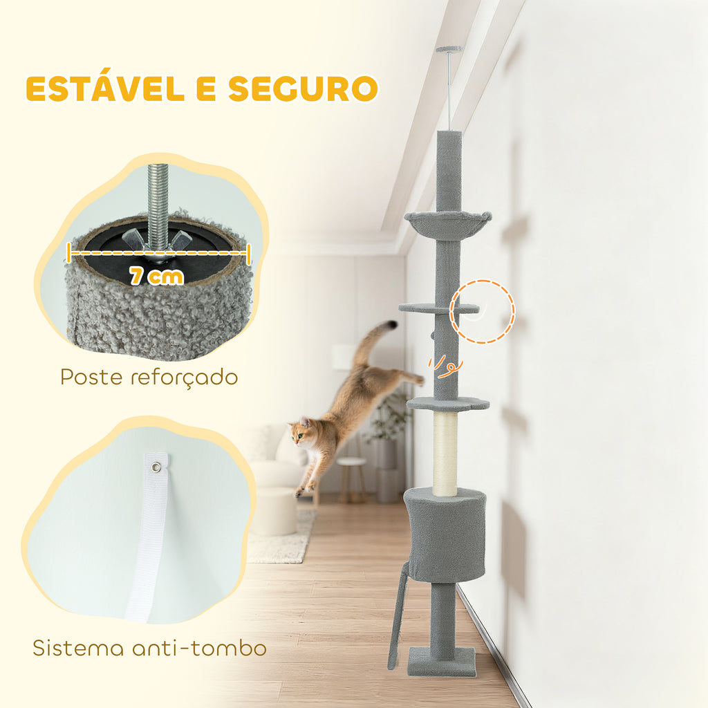 Arranhador para Gatos de Chão a Teto Altura Ajustável de 220-240 cm Torre para Gatos com Rede Plataformas em Flor Cavernas Rampa e Bola Cinza Claro — foto 7