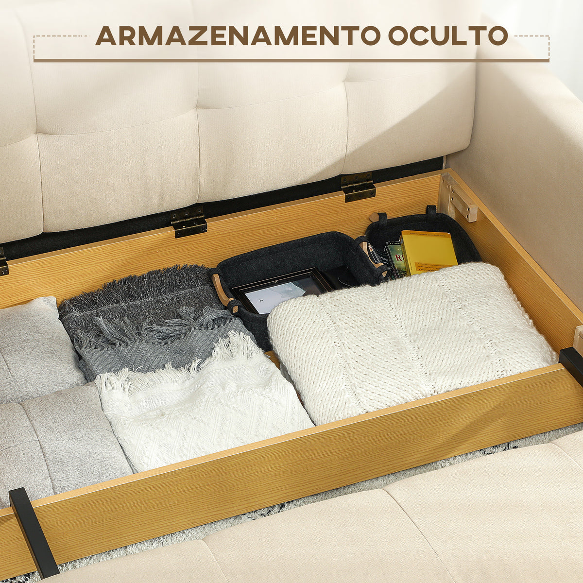 Sofá Cama de 2 Lugares Estofado em Algodão com 2 Almofadas Apoio para os Braços e Armazenamento Sofá Duplo Moderno para Sala de Estar Escritório 152x101x81 cm Bege — foto 5