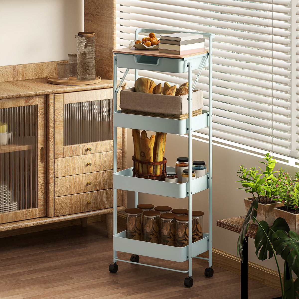 Carrinho Auxiliar com Rodas de 4 Níveis Carrinho de Cozinha com 1 Gaveta e 3 Cestos Carrinho Organizador para Dormitorio Sala Escritório 45x29,5x117,5 cm Verde — foto 2