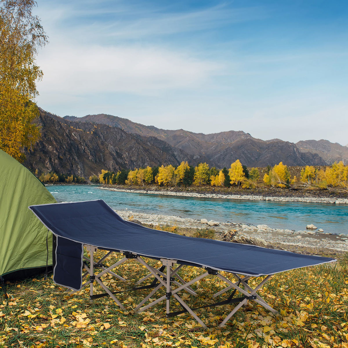 Cama de Campismo Dobrável Cama de Campismo com 1 Bolso Lateral Bolsa de Transporte e Estrutura de Aço Carga Máxima 150 kg para Praia Trilha 190x68x52 cm Azul Escuro — foto 2