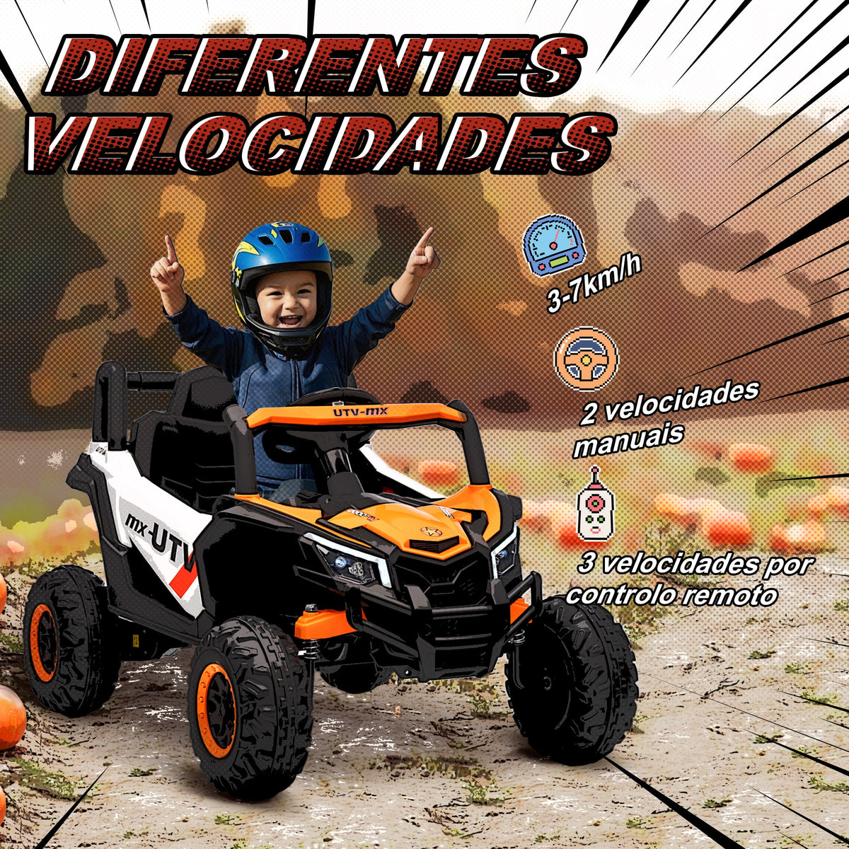 Carro Elétrico para Crianças 12V UTV com 2 Motores Controlo Remoto 2,4G Velocidade até 7 km/h Sistema de Suspensão Faróis USB para Crianças acima de 3 Anos 96x61x56 cm Laranja — foto 5