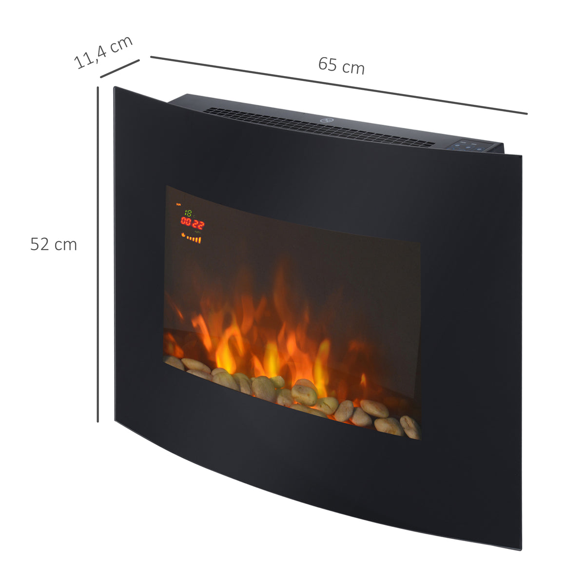 Lareira Elétrica de Parede com Efeito de Chamas Realistas e Luzes LED em 7 Cores com Controlo Remoto Potência 900W/1800W 65x11,4x52cm Preto — foto 3