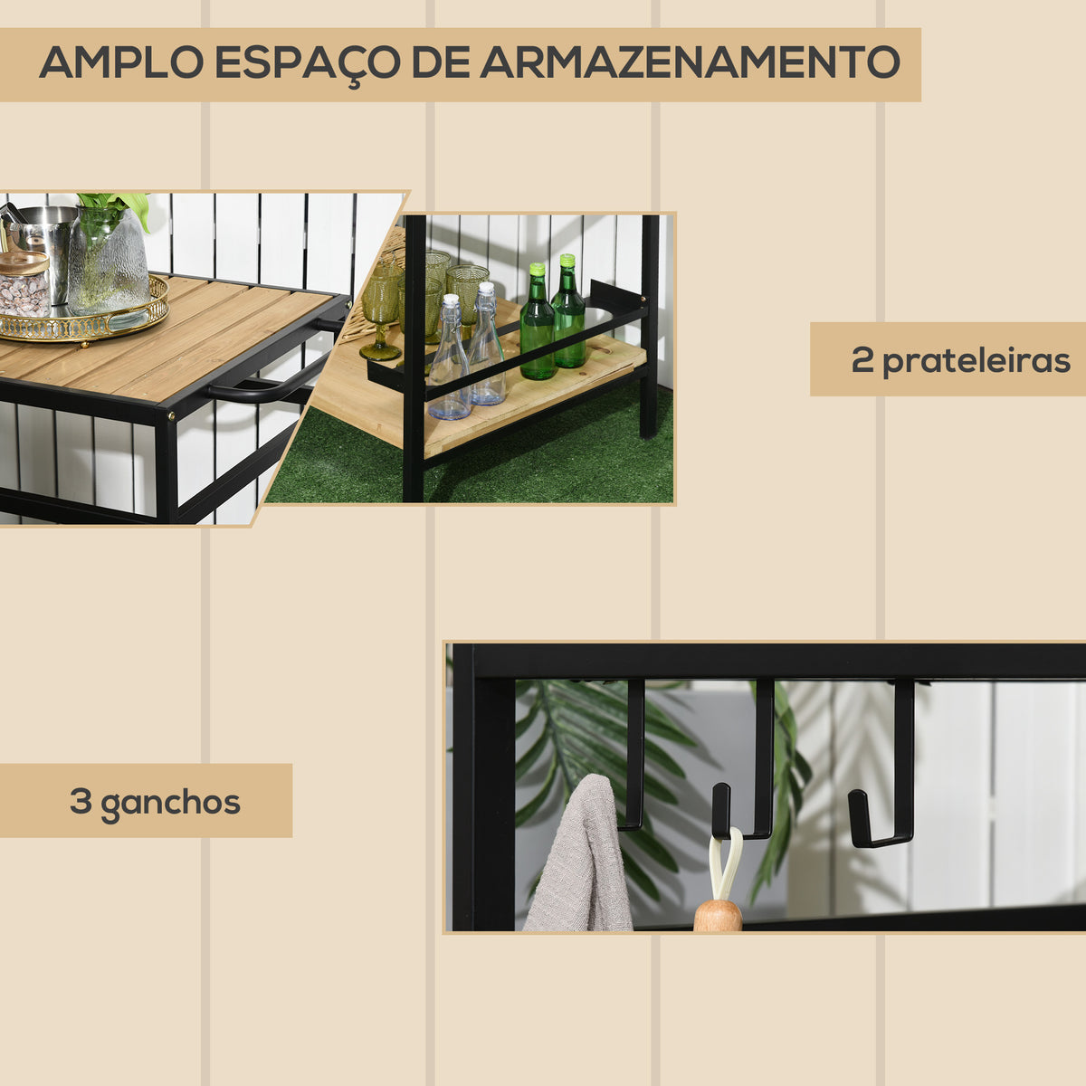 Carrinho Multifuncional com Rodas de Madeira Carrinho de Serviço com Bancada em Ripas 2 Prateleiras 3 Ganchos Carrinho para Jardim Varanda Pátio 107x65x80 cm Madeira — foto 4