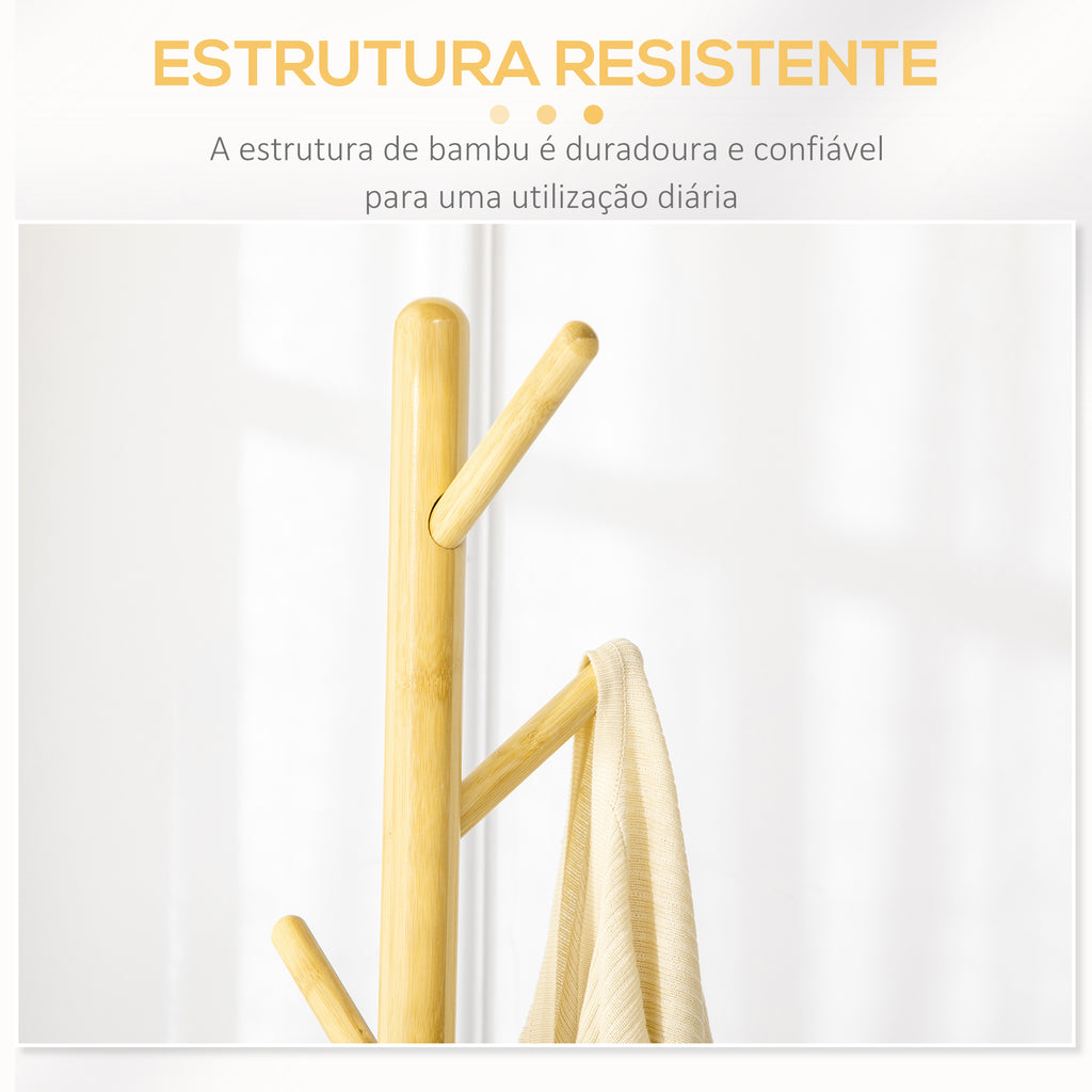 Cabide de Pé de Bambu Cabide de Pé Moderno com 8 Ganchos para Roupas Bolsas Cabide em Forma de Árvore para Entrada Dormitório Ø37,8x175,6 cm Madeira e Cinza — foto 6