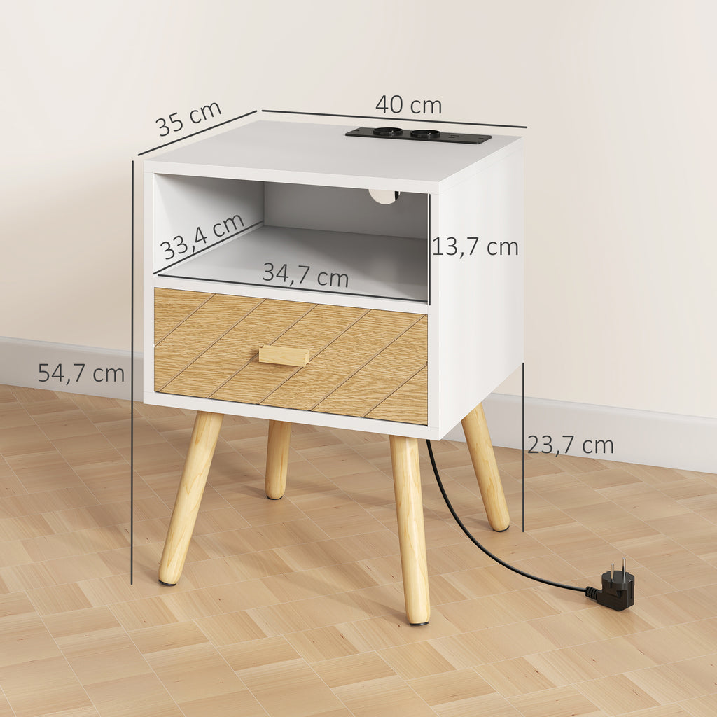 Mesa de Cabeceira com Estação de Carregamento Gaveta 2 Tomadas AC Porta USB e Tipo-C Compartimento Aberto Pernas de Madeira para Sala Quarto 40x35x54,7 cm Branco — foto 3