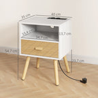 Mesa de Cabeceira com Estação de Carregamento Gaveta 2 Tomadas AC Porta USB e Tipo-C Compartimento Aberto Pernas de Madeira para Sala Quarto 40x35x54,7 cm Branco — foto 3