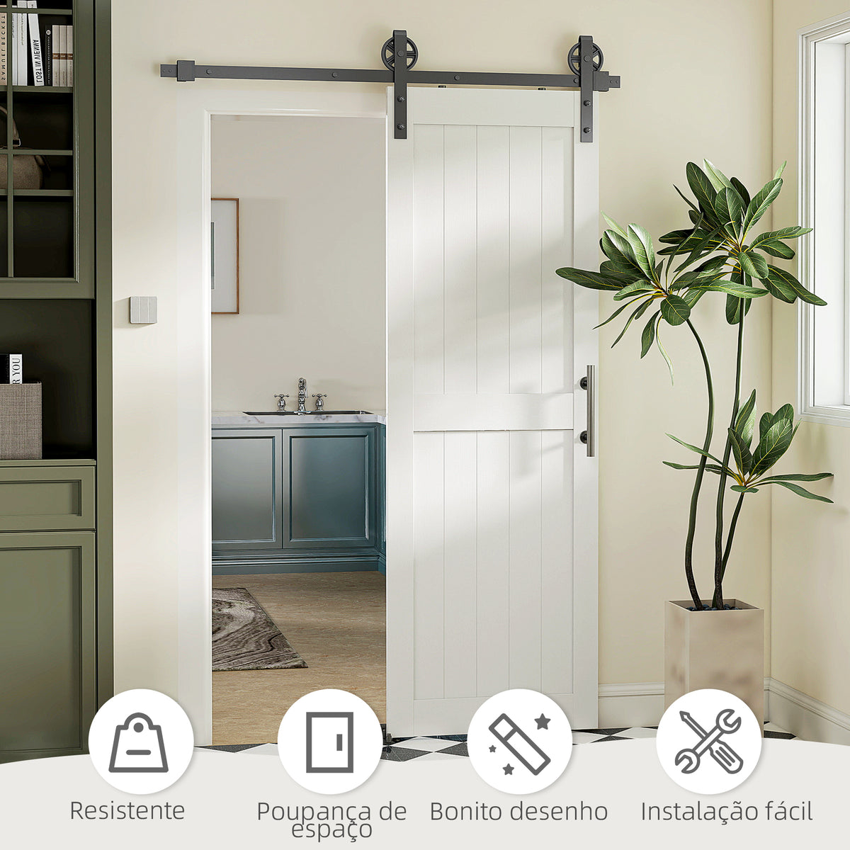 Porta de Correr Celeiro com Ferragens Porta Corredera de Interior com Puxador Rolo e Guia de Chão para Casa de Banho Sala de Estar 71,5x213,4 cm Branco — foto 6