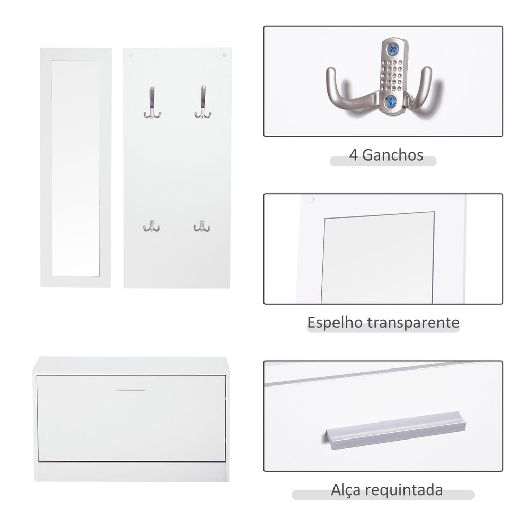 Móvel Cabide de Entrada de 3 Peças Armário de Entrada com Cabide Espelho e Sapateira 80x27x46,5cm Branco — foto 5