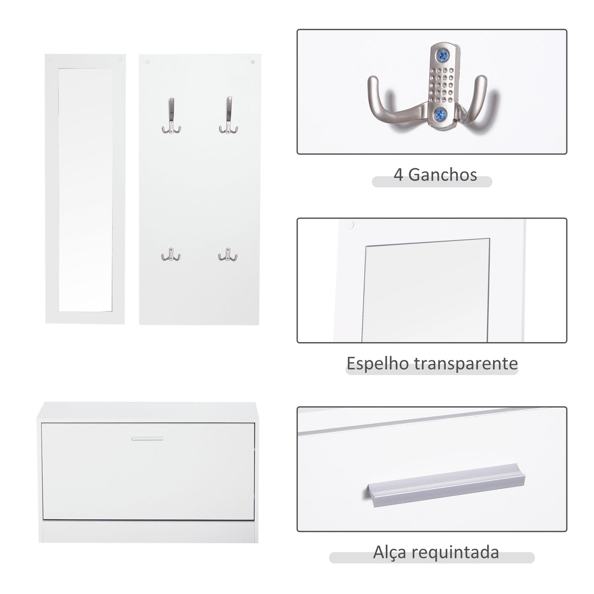 Móvel Cabide de Entrada de 3 Peças Armário de Entrada com Cabide Espelho e Sapateira 80x27x46,5cm Branco — foto 5