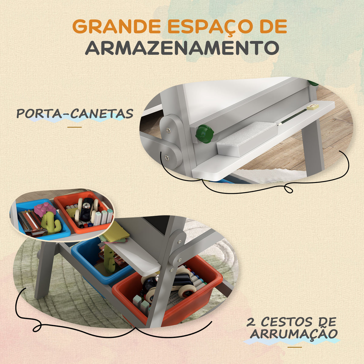 Cavalete para Crianças Cavalete de Pintura para Crianças 3 em 1 Ardósia Dupla com Rolo de Papel Apagador e Caixas de Arrumação 51x50x108 cm Cinza — foto 5