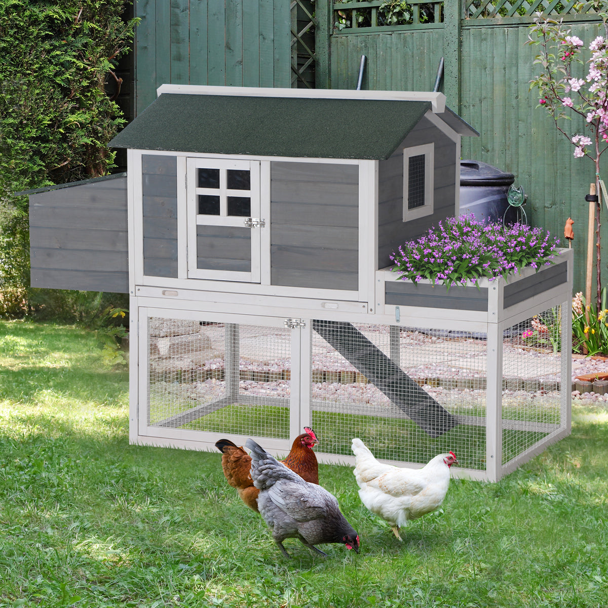 Galinheiro de madeira ao ar livre com ninho e curral bandeja removível rampa da janela área de cultivo 160x80x110 cm cinza e branco — foto 2