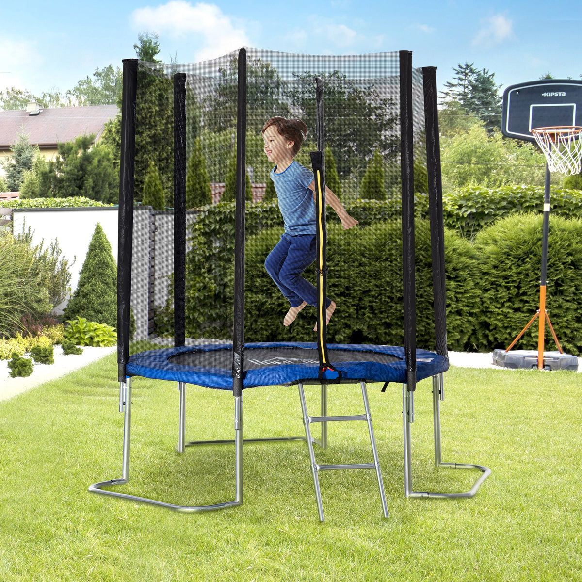 Trampolim de Jardim Ø223cm Trampolim para Crianças Adultos com Superfície de Salto Ø137cm Rede de Segurança Cobertura de Bordas e Escada para Exterior Azul — foto 2