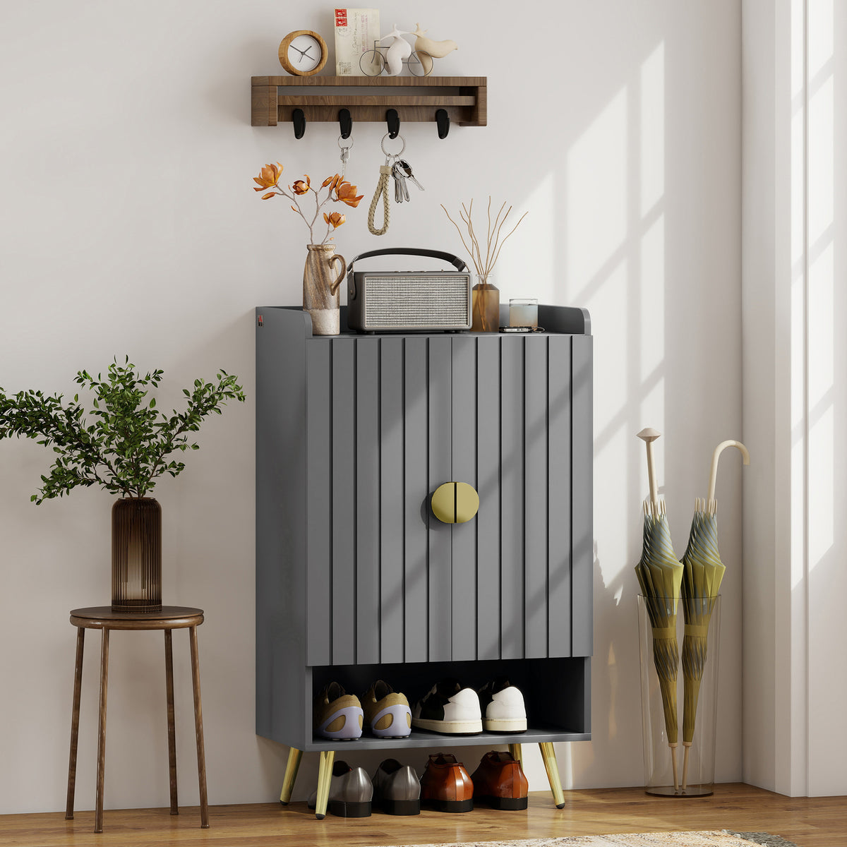 Sapateira com 2 Portas Armário para Sapatos com Prateleira Aberta e Prateleiras Ajustáveis para 15 Pares de Sapatos para Corredor Entrada 60x33x100 cm Cinza Escuro — foto 2