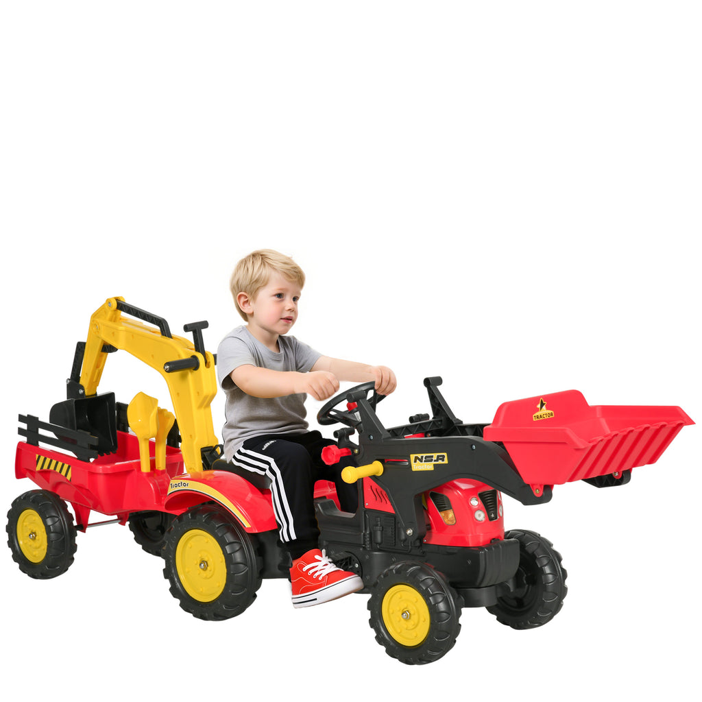 Trator de pedais com reboque escavadeira com pá frontal de brinquedo de condução para crianças acima de 3 anos Direção e pás de fácil controle Suporta até 35 kg 179x42x59 cm Vermelho — foto 1