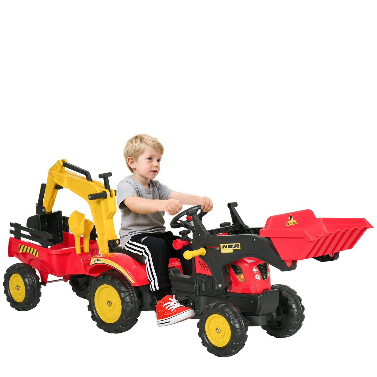 Trator de pedais com reboque escavadeira com pá frontal de brinquedo de condução para crianças acima de 3 anos Direção e pás de fácil controle Suporta até 35 kg 179x42x59 cm Vermelho — foto 1