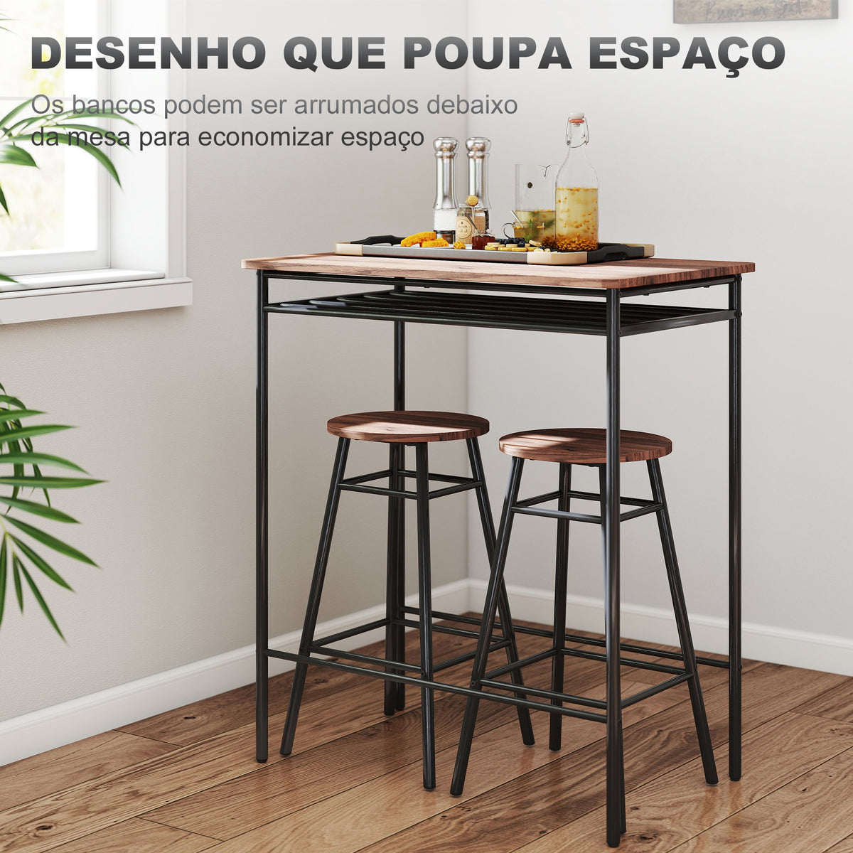 Conjunto de Mesa e Bancos de Bar Mesa Alta de Cozinha com 2 Bancos Industrial Prateleira Aberta Apoio para Pés Economia de Espaço para Espaços Reduzidos Sala de Estar Castanho — foto 4