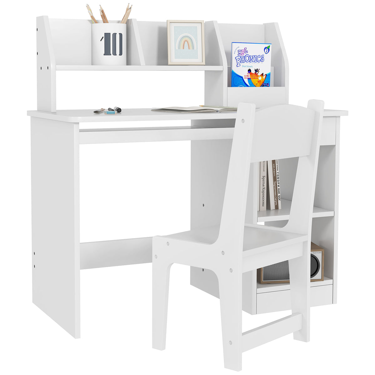 Conjunto de Secretária e Cadeira para Crianças acima de 5 Anos Mesa e Cadeira Infantil com 2 Gavetas e Compartimento para Dormitório Sala de Estudo Branco — foto 1