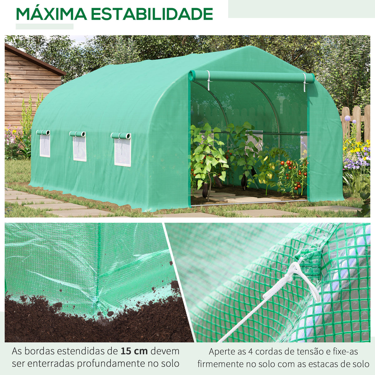 Estufa Tipo Túnel 450x300x200 cm Estufa de Jardim com Porta e 6 Janelas Enroláveis Cobertura de PE e Aço para Cultivos de Plantas Flores Verde — foto 4