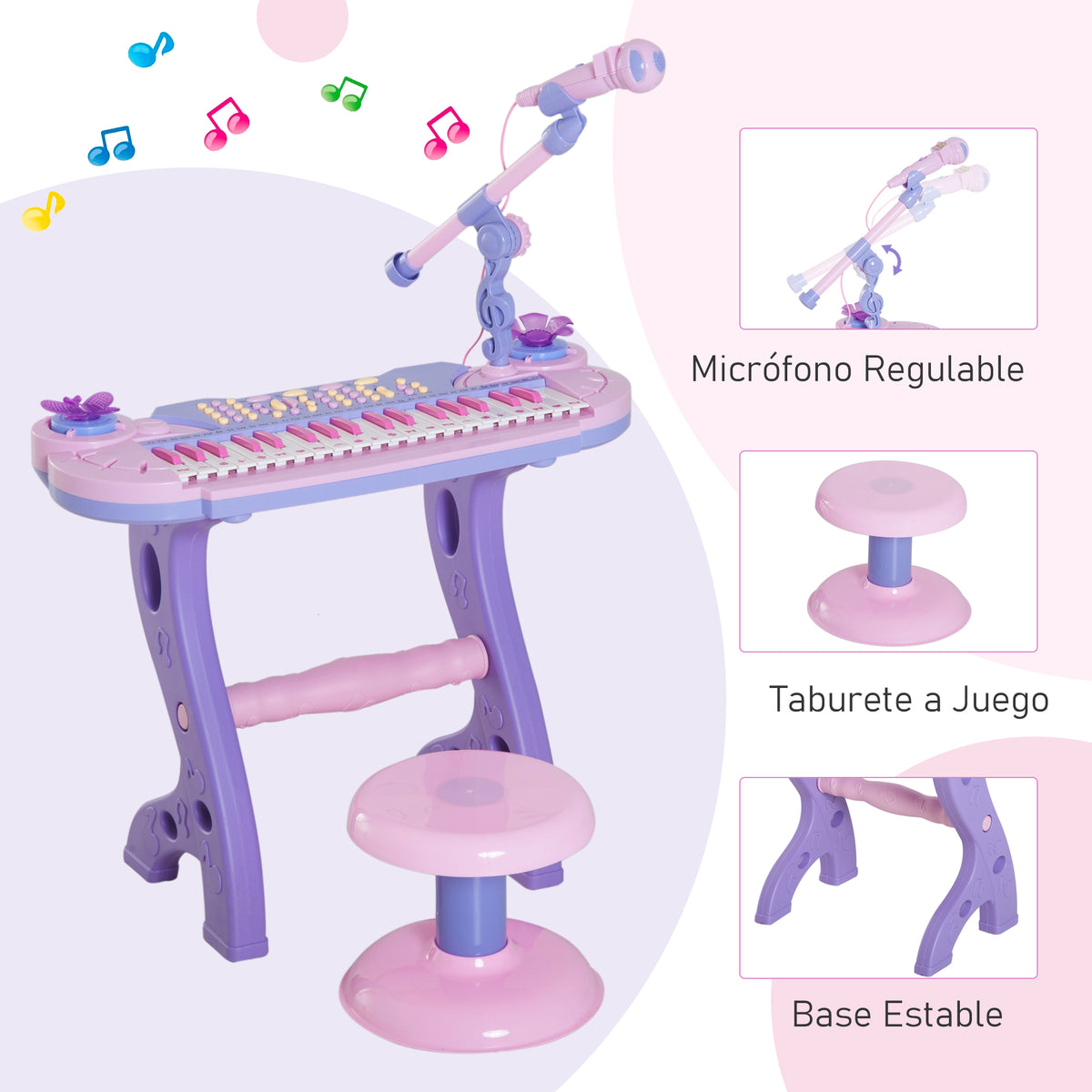 Órgão Electrónico Piano Infantil com Microfone Banquinho Luzes e 22 Canções cor Rosa — foto 6