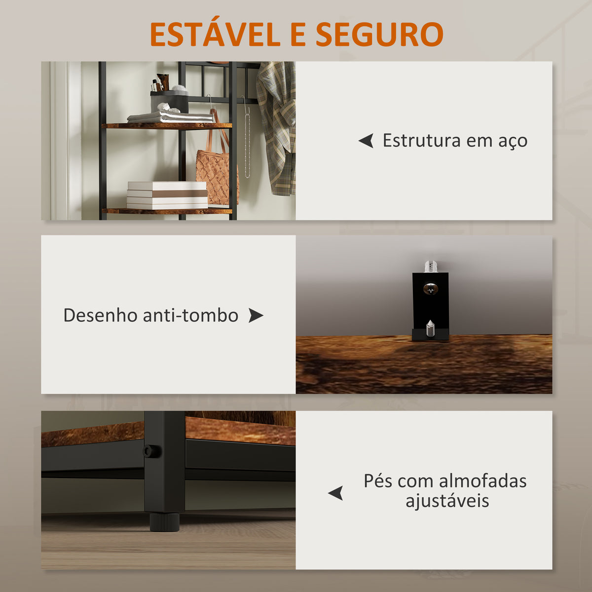 Móvel Cabide de Entrada com Sapateira Móvel de Entrada 4 em 1 com Banco Sapateira Prateleiras Ganchos Compartimento e Sistema Anti-Tombo para Corredor Dormitório 120x35x180 cm Marrom Escuro — foto 6