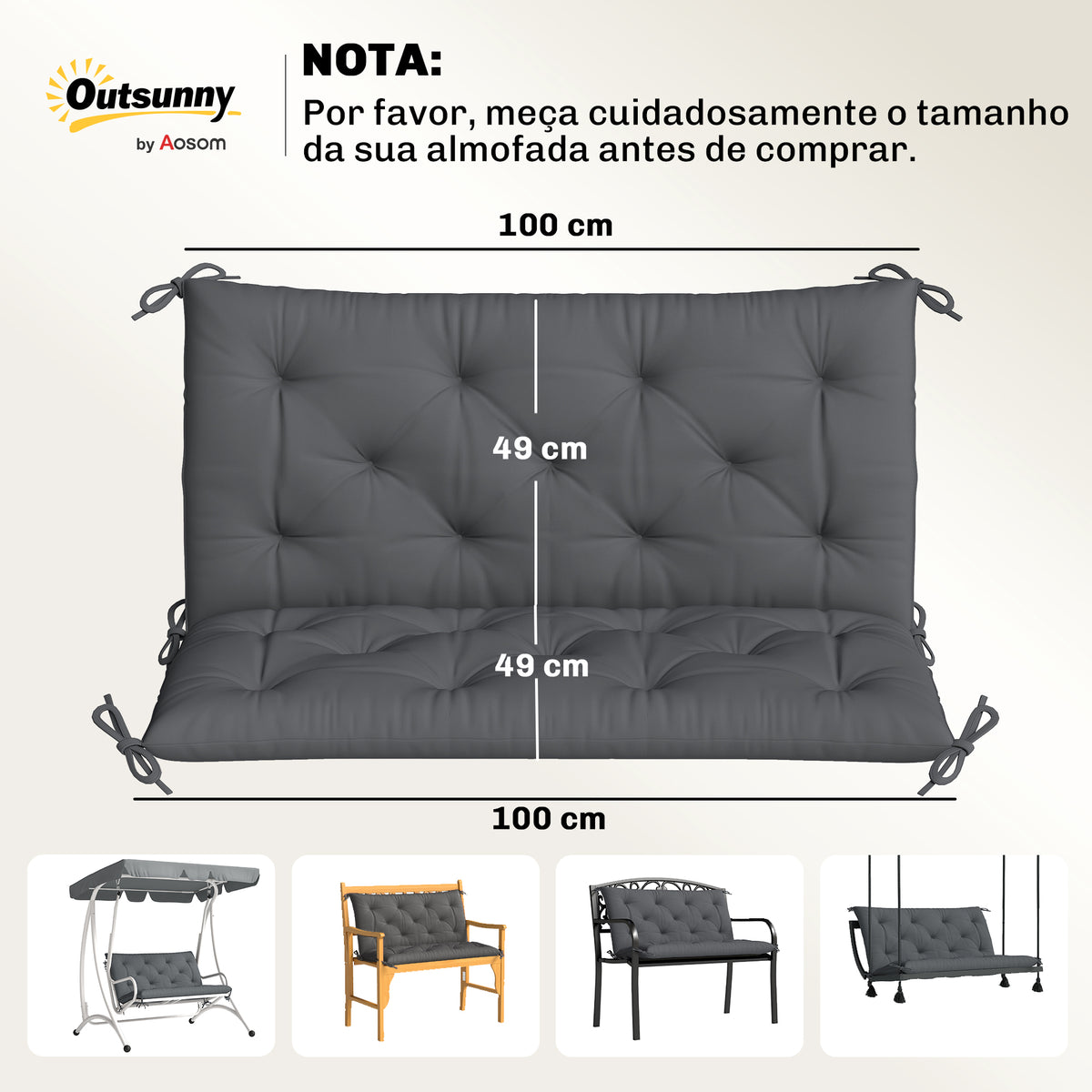 Almofada para Banco de Jardim com Encosto, 100x98x8 cm, Almofada de Banco de 2 Lugares para Interior e Exterior com Enchimento Espesso e Tiras de Fixação, para Baloiço, Terraço, Varanda Cinzento Escuro — foto 3
