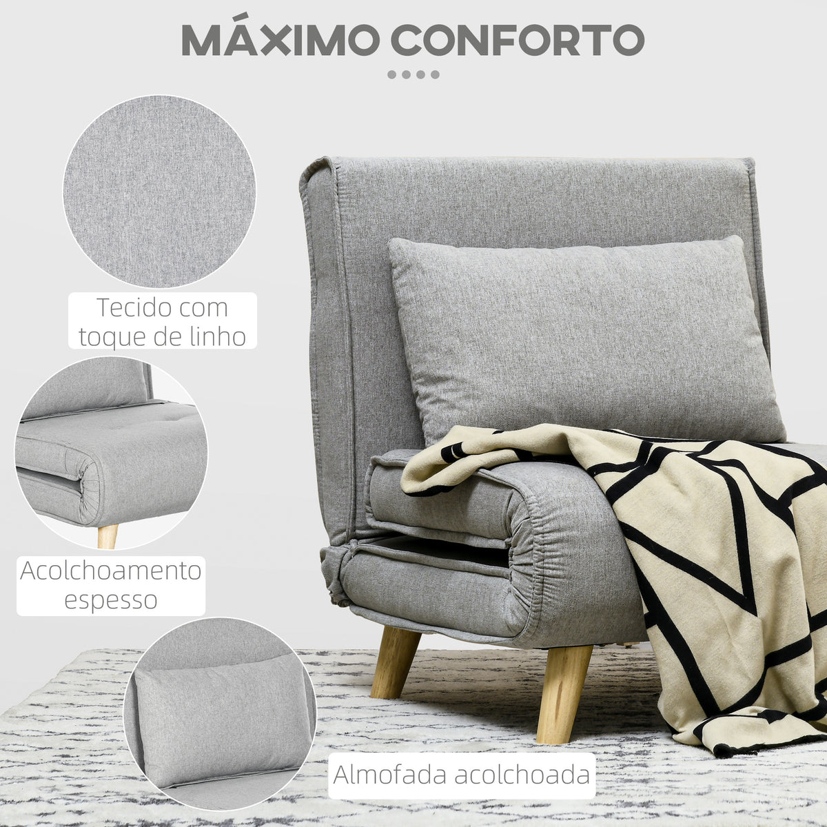 Poltrona 2 em 1 Sofá Cama Individual Dobrável com Encosto Ajustável e Almofada para Sala de Estar Dormitório Escritório Carga 150 kg 72x78x79 cm Cinza — foto 4