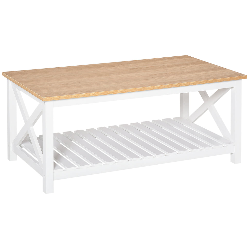 Mesa de Centro para Sala de Estar Mesa de Café com Prateleira de Armazenamento Inferior 116x60x48cm Madeira Natural e Branco — foto 1