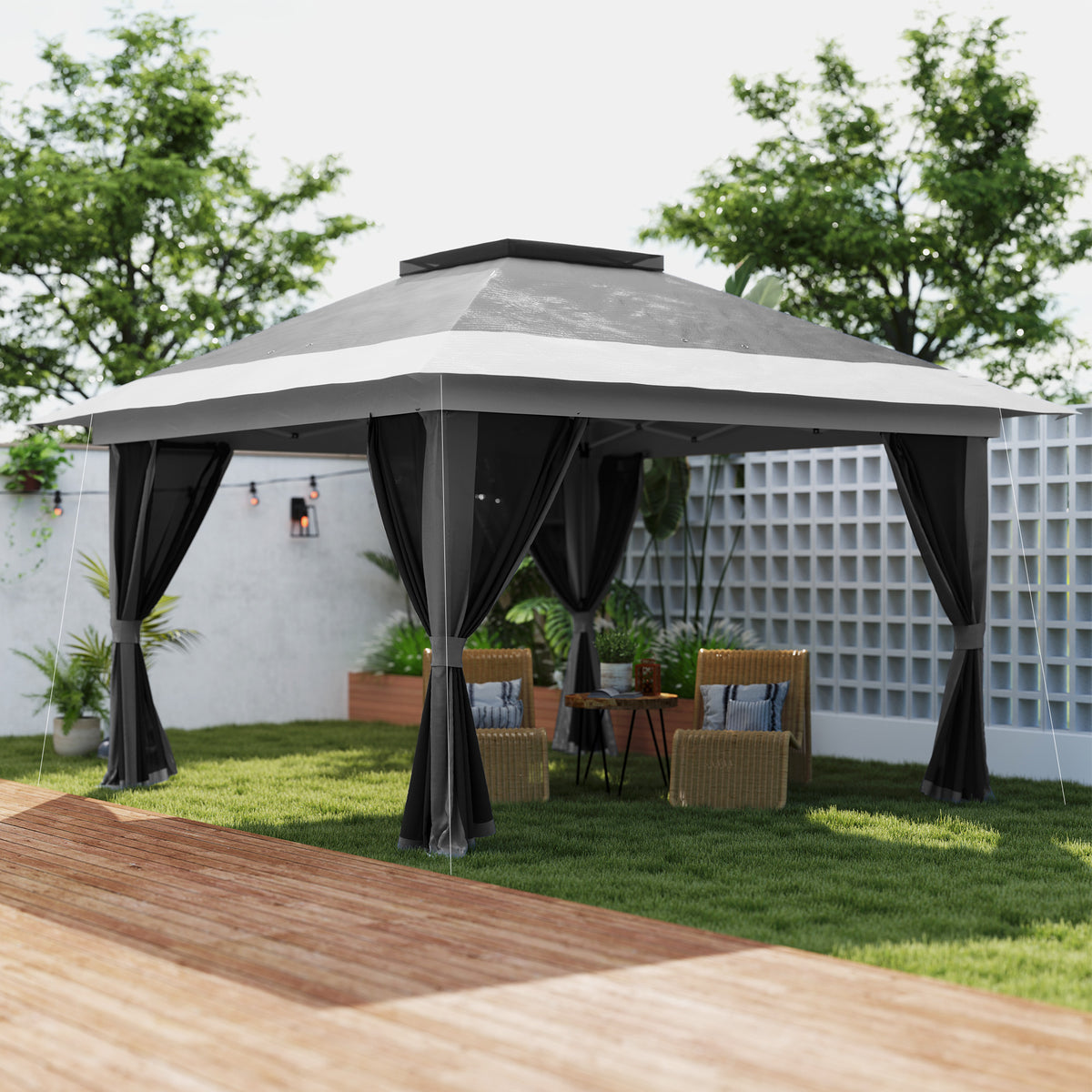Pérgola Dobrável 356x356x280 cm Pérgola Dobrável com 4 Paredes Laterais de Malha Anti-UV Altura Ajustável Bolsa de Areia e Bolsa de Transporte para Campismo Festas Cinza Escuro — foto 2