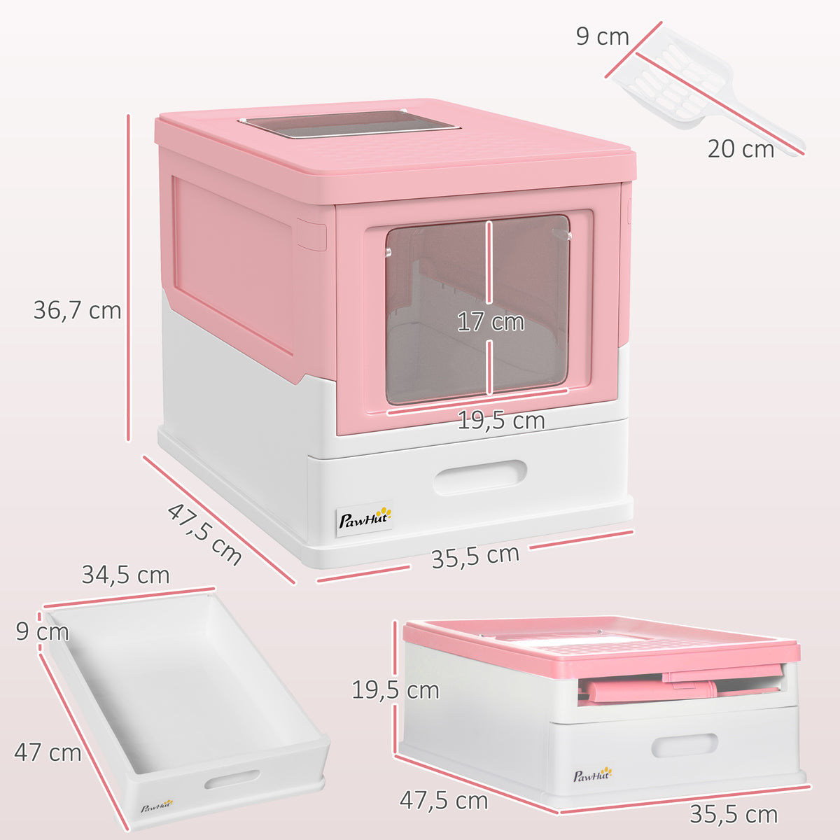 Caixa de Areia para Gatos Dobrável Caixa de Areia para Gatos Fechada com Cobertura Desmontável Bandeja Removível Teto Rebatível Porta de Entrada e Pá 47,5x35,5x36,7cm Rosa — foto 3