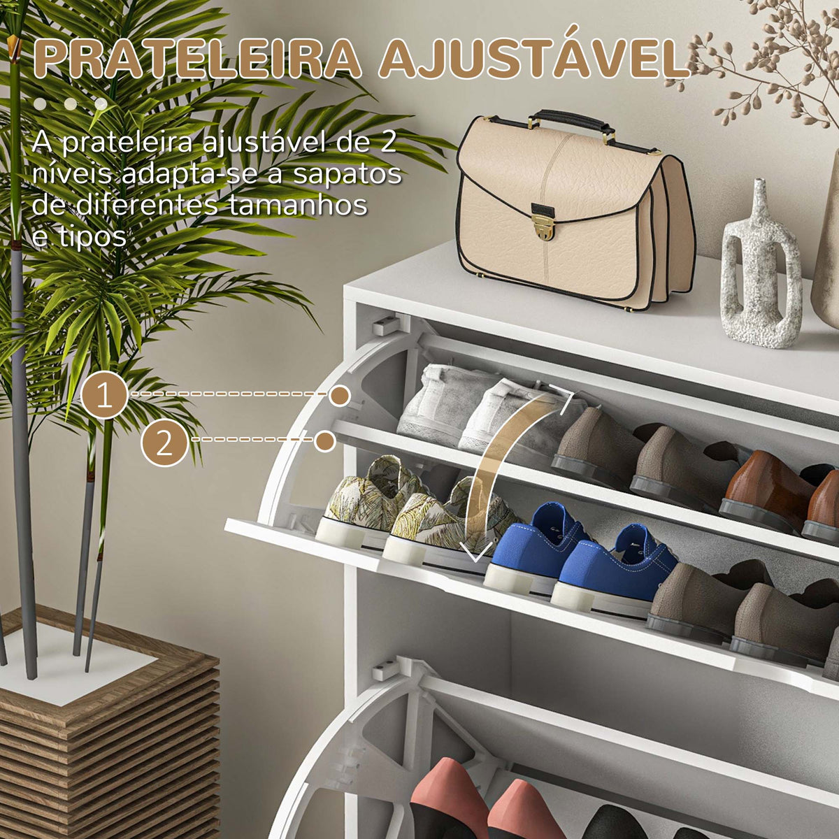 Sapateira Moderna Sapateira Entrada com 2 Gavetas Rebatíveis e Prateleias Ajustáveis para 16 Pares de Sapatos Sapateira Compacta para Corredor 81,5x25x83 cm Branco — foto 5