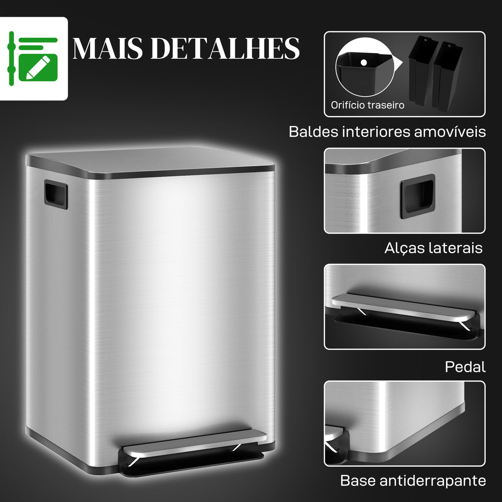 Balde de Lixo de Cozinha com 2 Compartimentos 2x20L Cubo de Lixo de Aço Inoxidável com Pedal Fechamento Suave e Cubo Amovível para Escritório Cozinha Prata — foto 7