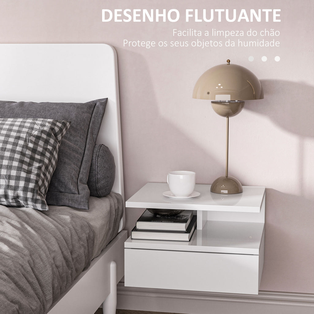 Conjunto de 2 Mesas de Cabeceira Flutuantes, Mesas de Cabeceira com Gaveta e Prateleira Aberta, Design Moderno, Ideal para Quarto e Sala de Estar, 35x32x22,5 cm, Branco Brilhante — foto 4
