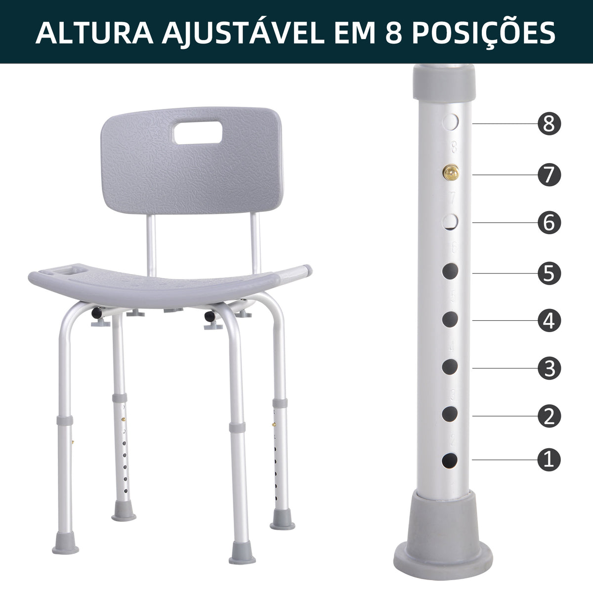 Cadeira para Duche Antiderrapante com Altura Ajustável em 8 Níveis Cadeira de Banho 50,6x43x71-88 cm Cinza — foto 4
