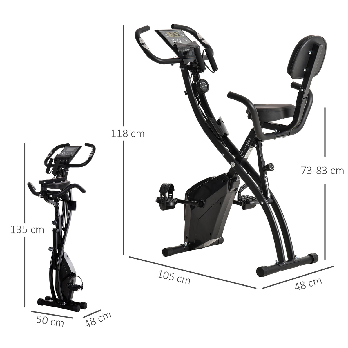 Bicicleta ergométrica dobrável ajustável em altura e resistência com tela LCD e assento com encosto 51x97x115 cm Preto — foto 3