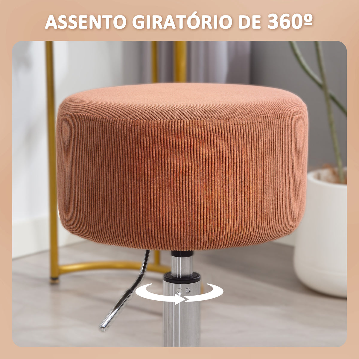 Banco de Bar Giratório Banco Alta de Cozinha Ajustável em Altura 52-66 cm Estofado em Veludo Giratória a 360° para Sala de Jantar Tocador Balcão Marrom — foto 5