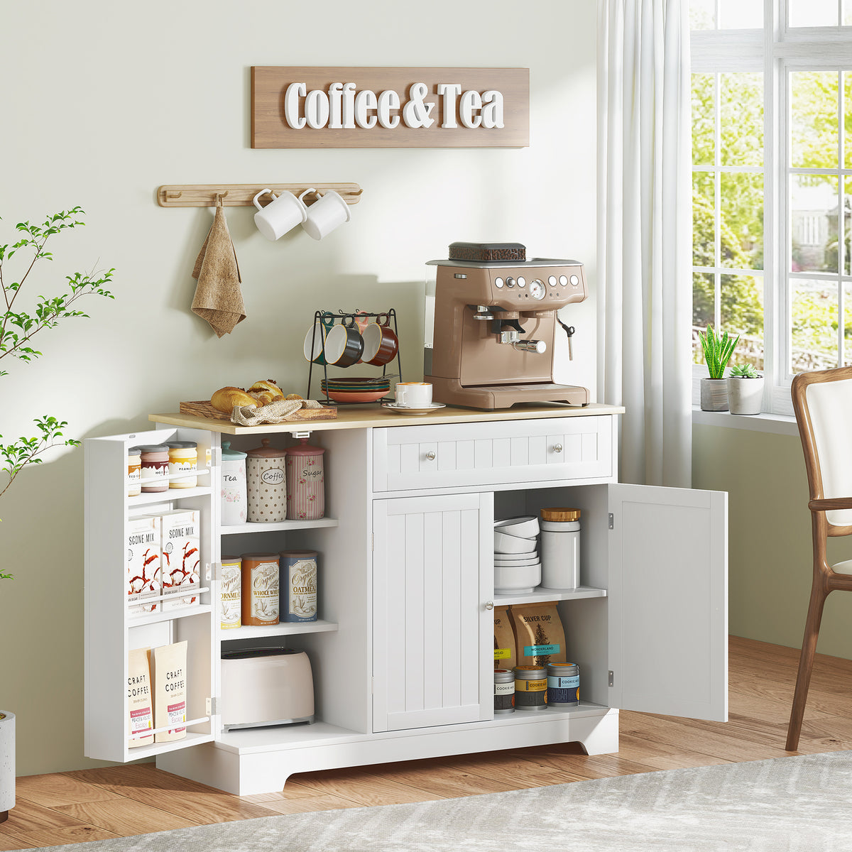 Aparador de Cozinha Armário de Cozinha com Prateleiras Gaveta Portas Magnéticas Prateleiras Ajustáveis Aparador para Sala de Jantar 105x40x83 cm Branco e Madeira — foto 2