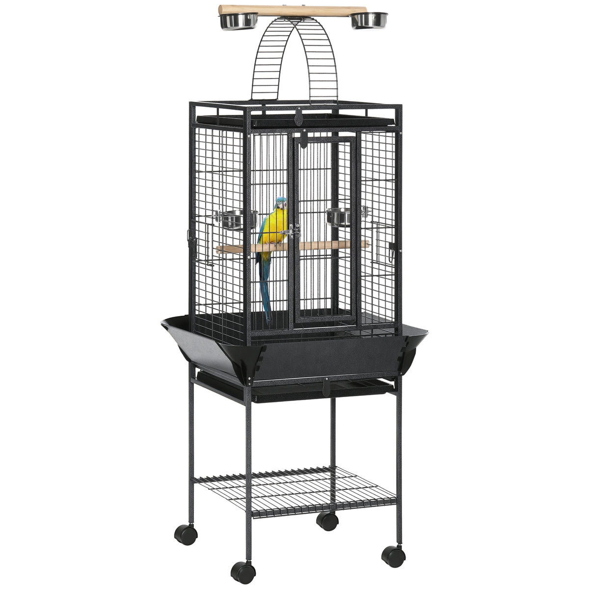 Gaiola para Pássaros com Suporte e Rodas 62,5x62,5x156cm Gaiola Metálica para Aves com Ponte de Arco 2 Poleiros 4 Comedouros 2 Bandejas Removíveis e Prateleira Inferior Cinza — foto 1