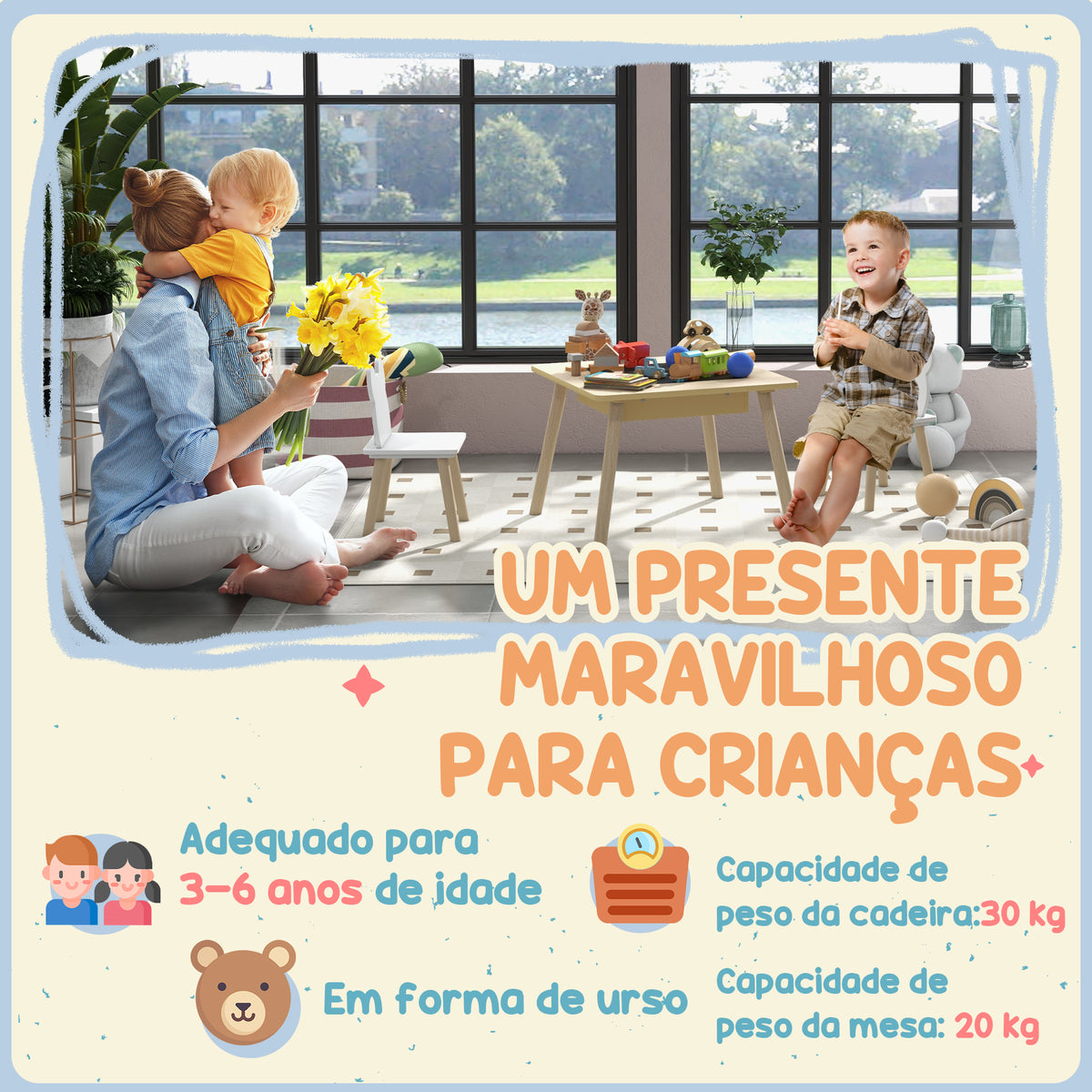 Conjunto de Mesa e 2 Cadeiras de Madeira Mesa Infantil com Cadeiras com Encosto em Forma de Ursinho e Compartimentos Ocultos para Crianças para Escola Infantil Quarto Madeira e Branco — foto 5