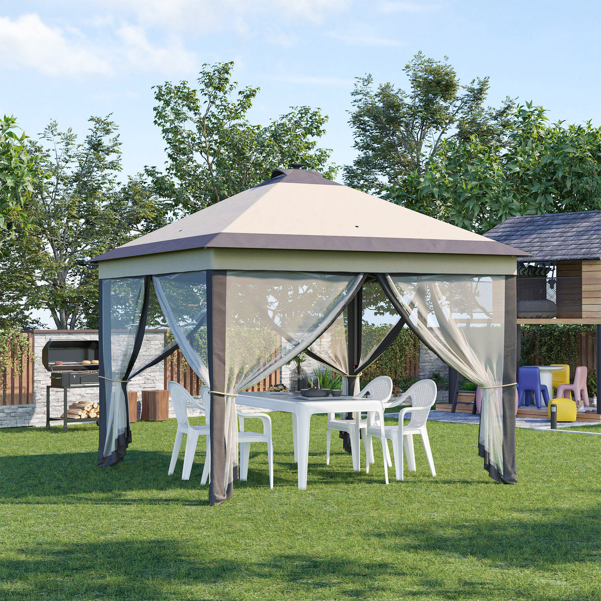Tenda Dobrável Exterior 3,3x3,3x2,9 m com Luzes LED e Controle Remoto Tenda de Jardim com 4 Mosquiteiras Removíveis e Bolsa de Transporte para Acampamento Festas Bege — foto 2