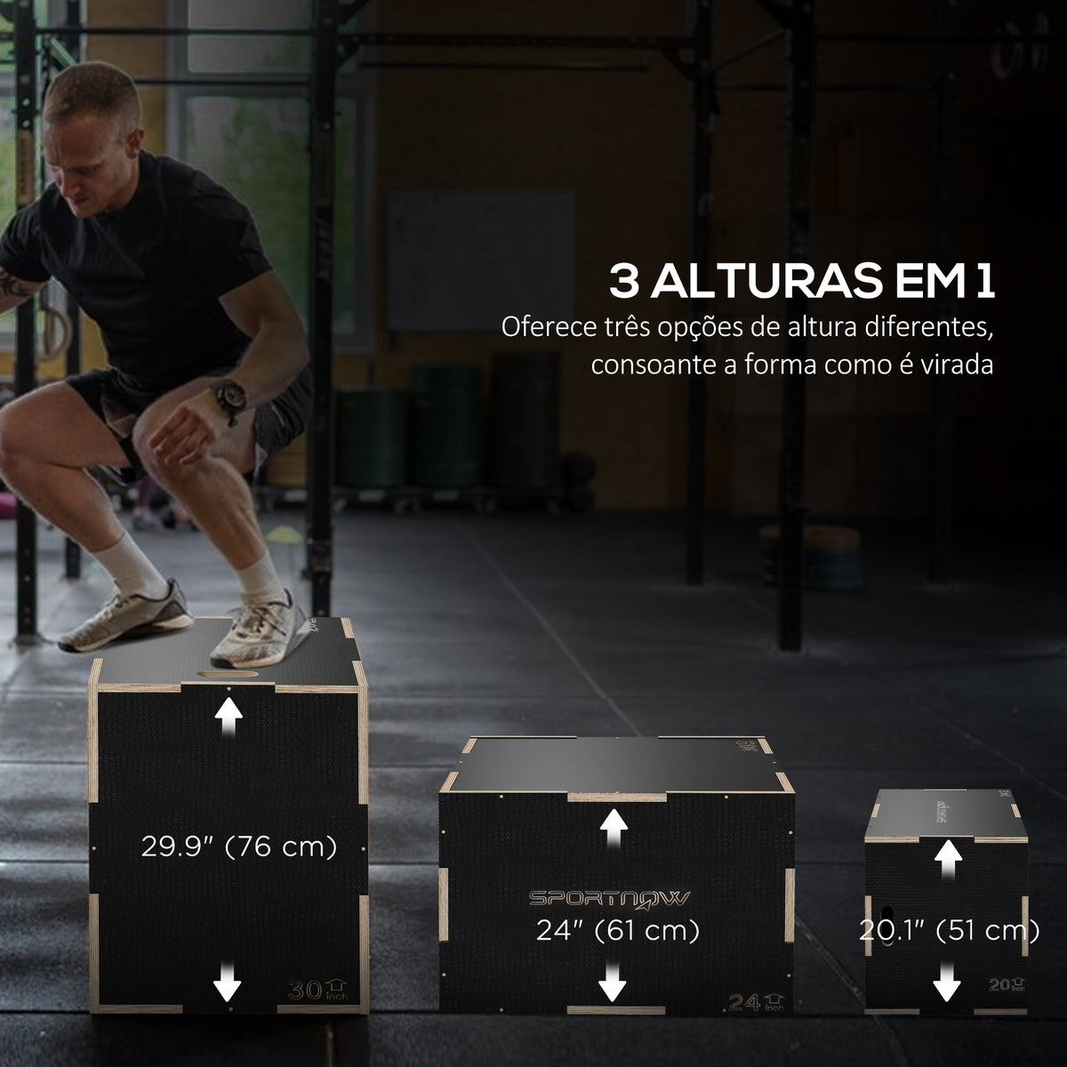 Caixa Pliométrica com 3 Alturas Diferentes Caixa de Saltos para Treino de Força em Casa Escritório Ginásio CrossFit Carga 120 kg 76x61x51 cm Preto — foto 4