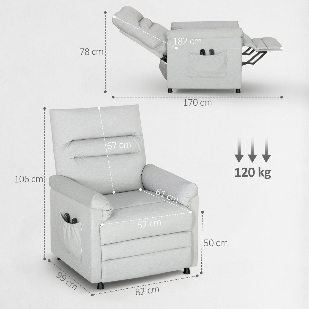 Poltrona Relax Elétrica Massagem e Aquecimento Poltrona Reclinável Apoio para os Pés Motor Silencioso 82x99x106 cm Cinza — foto 2