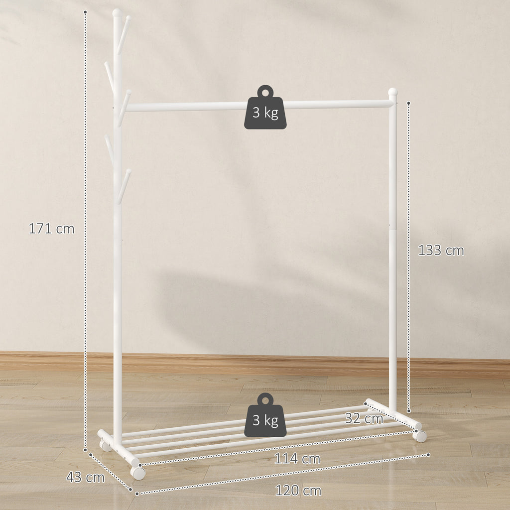 Charriot com Rodas Charriot com 5 Ganchos Barra para Pendurar e Prateleira Inferior Charriot para Dormitório Lavandaria 120x43x171 cm Branco — foto 3