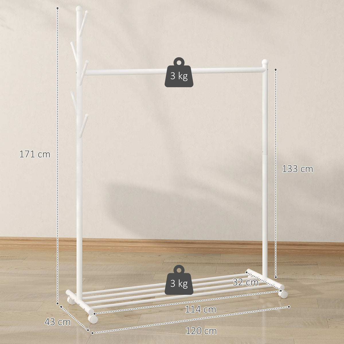 Charriot com Rodas Charriot com 5 Ganchos Barra para Pendurar e Prateleira Inferior Charriot para Dormitório Lavandaria 120x43x171 cm Branco — foto 3
