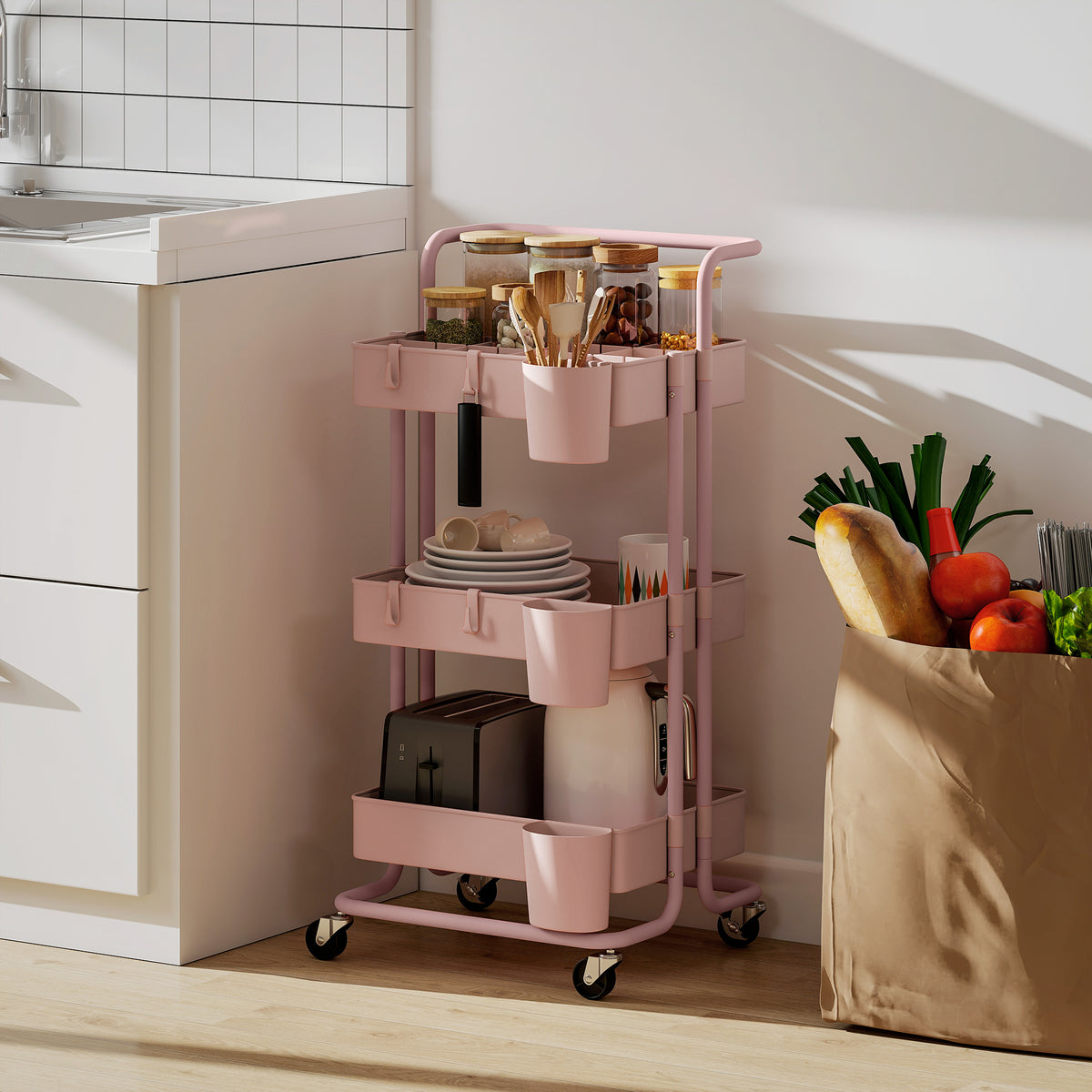 Carrinho de Cozinha de Aço Carrinho de Armazenamento com 4 Ganchos 3 Cestas Removíveis 3 Caixas Suspensas e Travões para Casa de Banho Sala de Estar Dormitório 42x38x86,5 cm Rosa — foto 2