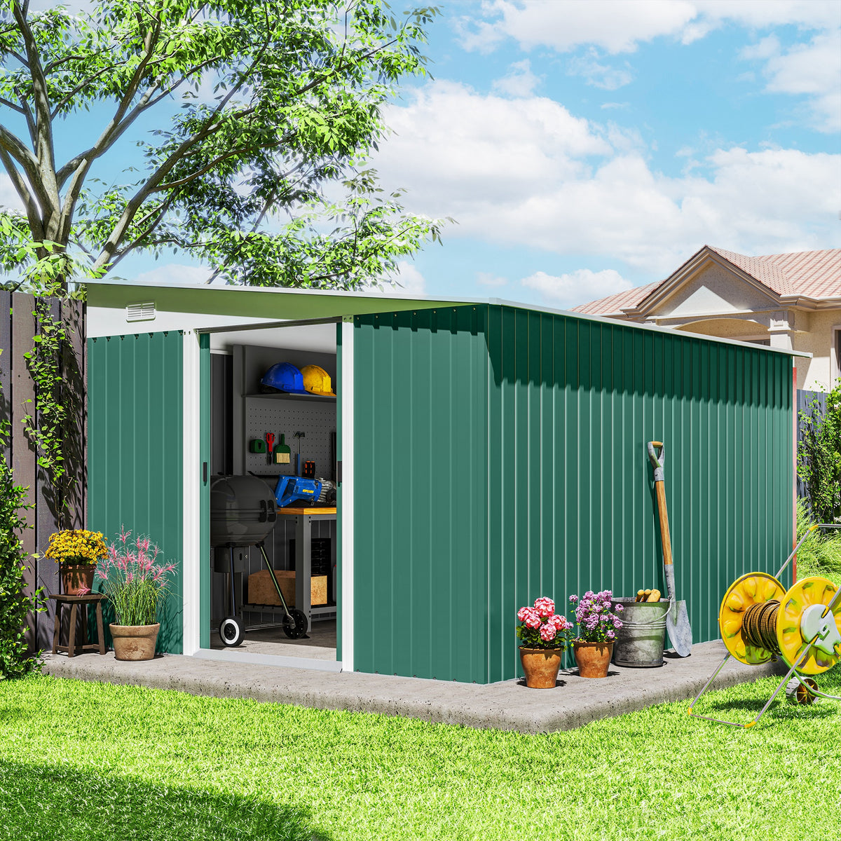 Abrigo de Jardim 280x345x201 cm 8,9 m² Abrigo de Exterior de Aço para Armazenamento de Ferramentas com Portas e 2 Janelas Verde — foto 2