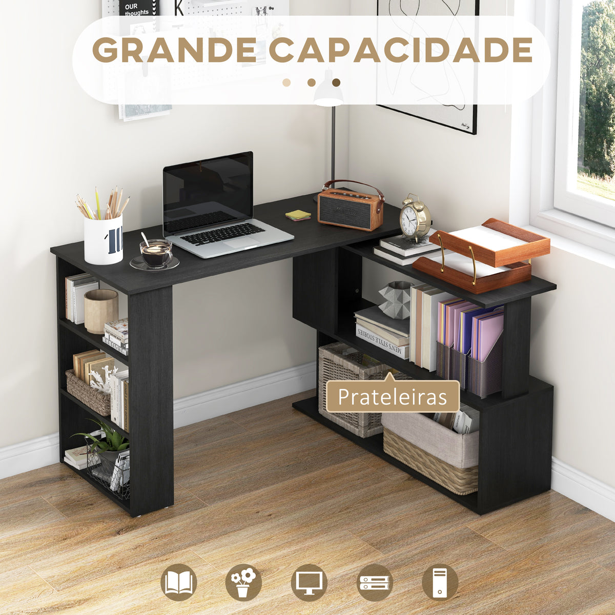 Mesa de Computador Secretária Mesa de Canto Giratória 360° com 5 Prateleiras para Casa Escritório Preto — foto 4